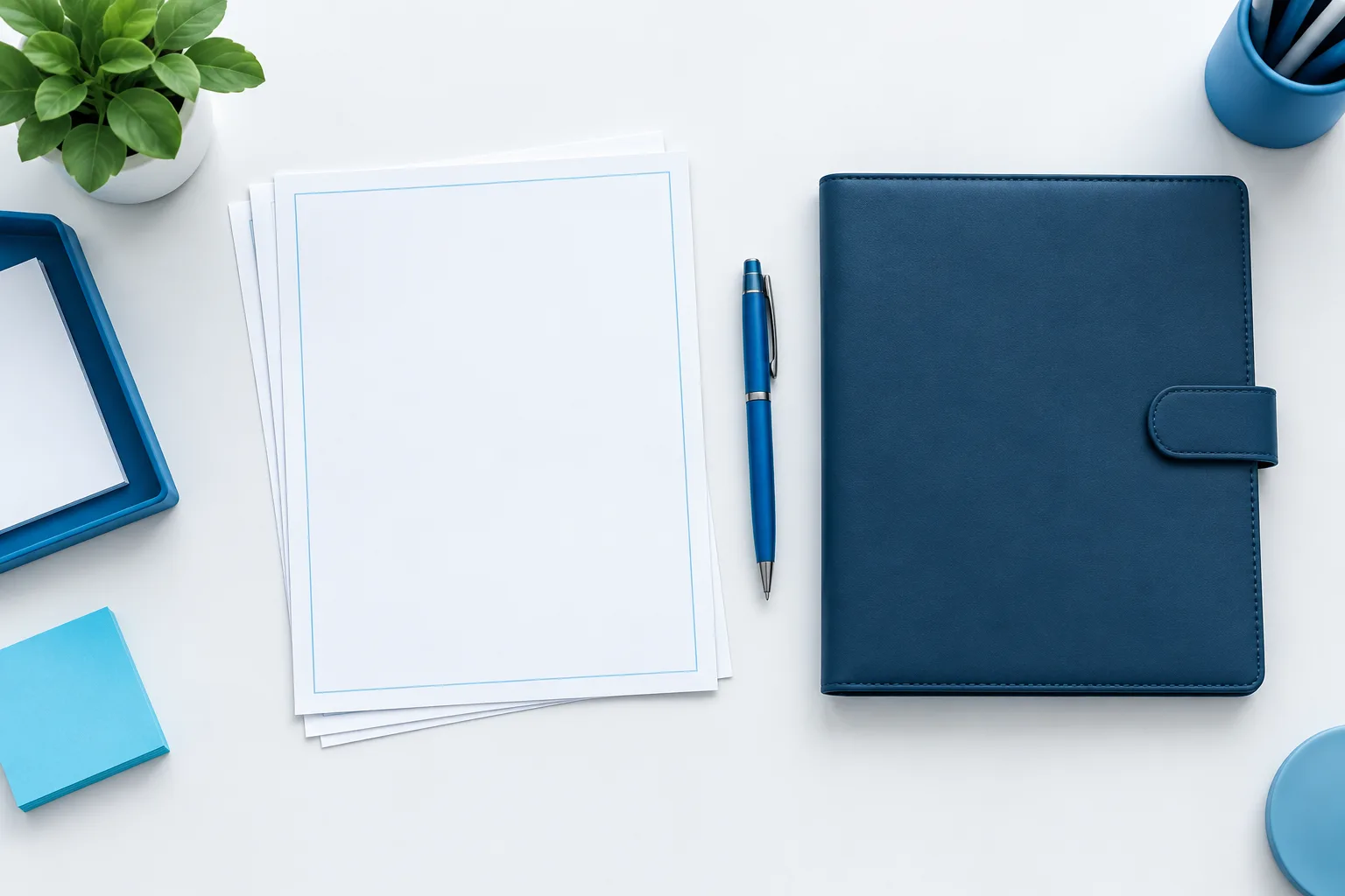 Blank forms, a pen, and a closed folder arranged neatly on a clinic workstation.