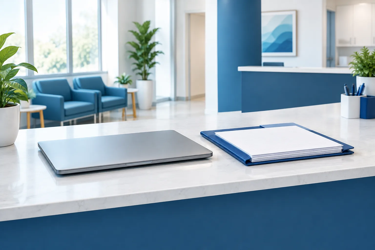 Blank paper forms and a secure folder on a clinic reception desk beside a closed laptop.